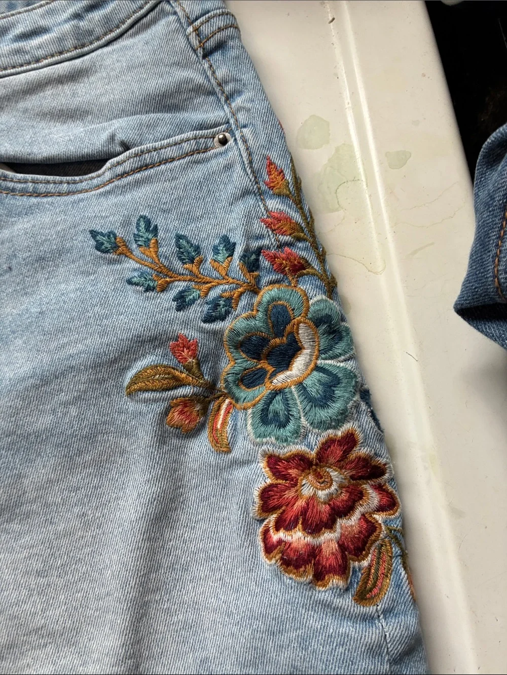 DRIFTWOOD Light Blue Embroidered Denim Shorts with Frayed Hem - Picture 3 of 7